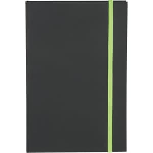 A black journal with a bright green elastic band, featuring a logo on the front cover.