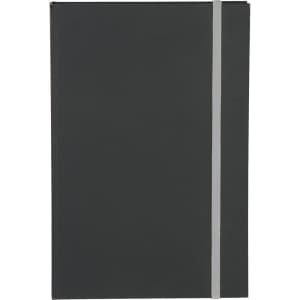 A dark grey journal with a grey elastic band, featuring a simple design and a logo on the cover.
