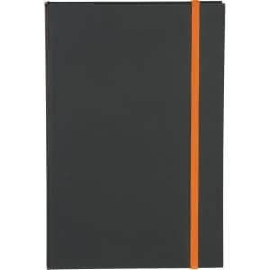 A black journal with an orange elastic band, featuring a logo on the cover.