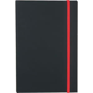 A Colour Pop JournalBook in black with a red elastic closure, featuring a smooth cover design.