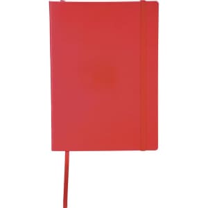 A large red bound journal with a soft cover and an elastic band closure, featuring a ribbon bookmark.