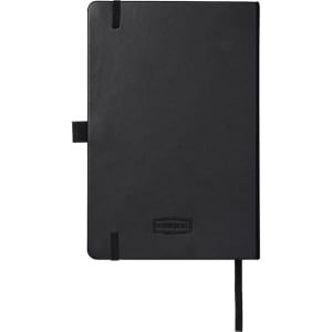 A black notebook with an elastic closure and a ribbon bookmark, featuring a subtle logo on the cover.