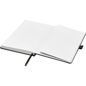 An open Nova Bound JournalBook with blank white pages, featuring a black cover and a bookmark ribbon.
