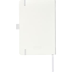 A white journal with a smooth cover, featuring a ribbon bookmark and an elastic closure; includes a logo.