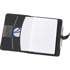 A5 journal cover in black with an internal notepad, pen, and a card slot. Includes a logo on the interior.