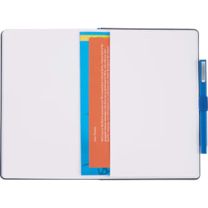 A bound journal with a blue cover, featuring a pen, and layered coloured inserts inside. It has branding on the cover.