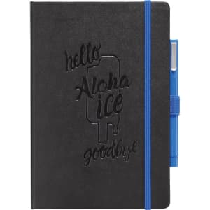 A black journal notebook with an embossed design and a blue pen attached. It features a colour-coordinated elastic band.
