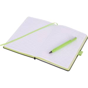 A bound journal in black with green accents, featuring lined pages and a matching green pen.