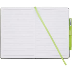 A bound journal in black with lined pages, a green elastic closure, and a matching green pen attached.