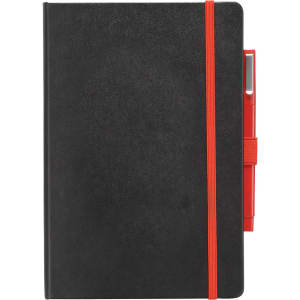 A black journal with a red elastic band and a matching pen holder, featuring a sleek design and a logo.