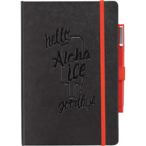 A black bound journal with embossed text and a red elastic closure. It includes a red pen attached to the side.