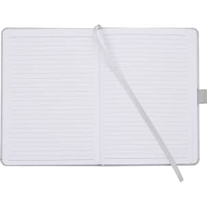 A hardbound journal with lined pages and a ribbon marker, featuring a grey cover.