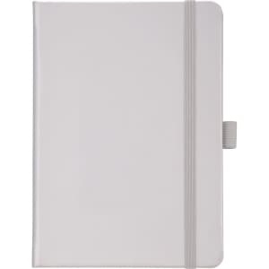A grey hard-bound journal with an elastic closure and a ribbon bookmark, featuring a logo on the cover.