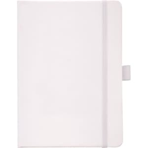 A white hard-bound journal with a grey elastic strap and a branding logo on the front cover.