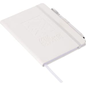 A white hard bound journal with an elastic strap and a branding logo on the cover.