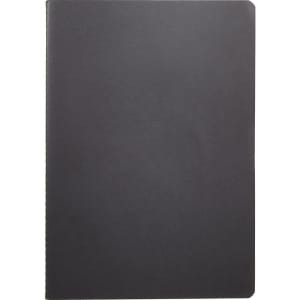 A black saddlestitch journal with a smooth cover and rounded corners, featuring an internal logo branding.