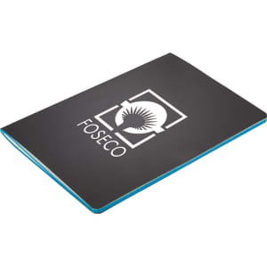 A black journal with a blue spine, featuring a logo on the cover. Suitable for office and business use.