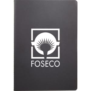 A black journal with a logo on the front cover, featuring a simple design and a matte finish.