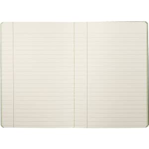 An open journal with lined pages and a vibrant green spine. It features a logo on the cover.