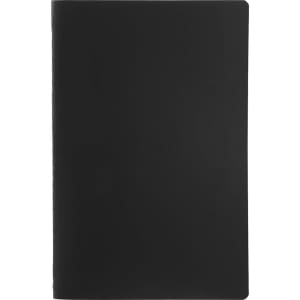A black bound journal with a solid saddlestitch design, featuring a logo on the cover.