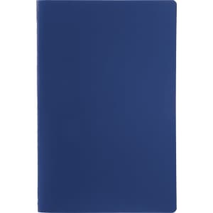 A navy blue Solid Saddlestitch Bound JournalBook featuring a smooth cover and a logo on the front.