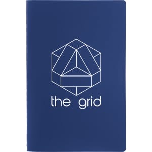 A navy blue notebook with a geometric design on the front, featuring a logo or branding.