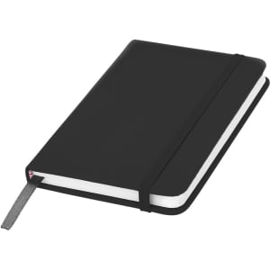 A black pocket notebook with a textured cover, elastic band, and a ribbon bookmark. Features a logo on the front.
