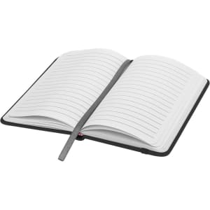 A black notebook with a grey ribbon bookmark, featuring lined pages and an open design.