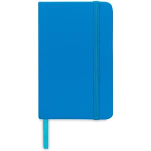 A blue pocket notebook with a textured cover, an elastic band, and a matching ribbon bookmark.