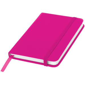 A pink pocket notebook with a matching elastic band closure and a ribbon bookmark.