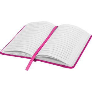 An open notebook with lined pages and a bright pink cover, featuring a matching ribbon bookmark.