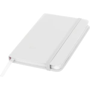 A white pocket notebook with a ribbon bookmark and an elastic band closure. It features a logo on the cover.