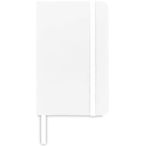 A white pocket notebook with a rubber band closure and a ribbon marker. It features a logo on the cover.