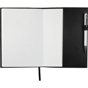 A refillable journal book with a black cover, featuring blank pages and a pen holder on the side.