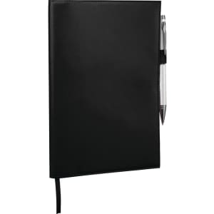 A black refillable journal with a pen holder and a ribbon bookmark, featuring a logo on the cover.