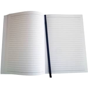 An open refillable journal with lined pages and a black spine. It features a simple design, ideal for note-taking.
