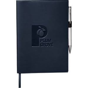 A navy refillable journal with a logo and an elastic pen holder featuring a silver pen.