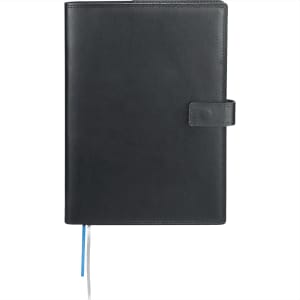 A sleek black leather journal with a clasp closure and ribbon bookmarks. It features a logo on the cover.