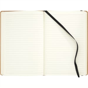 A brown-bound journal with lined pages and a black ribbon bookmark, featuring a logo on the cover.
