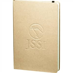 A tan, recycled journal with an embossed logo on the cover, featuring a black ribbon marker.