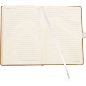 A notebook featuring lined pages and a ribbon bookmark, with a brown cover and a subtle logo.