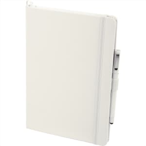 A white hardbound journal with an elastic band and a pen attached, featuring a logo on the cover.