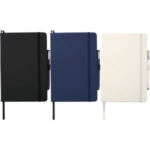 A collection of three large hard bound journals in black, navy, and white, each with a pen holder.
