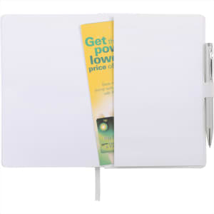 A Nova Bound JournalBook in white, featuring blank pages, a pen, and a pocket for documents.