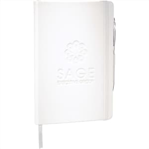 A white Nova Bound JournalBook with blank pages, featuring a logo and a silver pen attached.