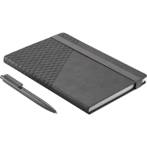 A grey notebook with a textured cover and an elastic band, accompanied by a matching pen.