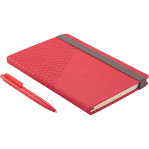 A red notebook with a textured cover and grey elastic band, paired with a matching red pen.