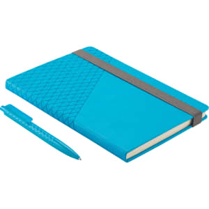 A turquoise notebook with a geometric design and an elastic band, paired with a matching pen.