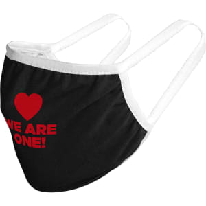 A black face mask with white straps featuring a red heart and text. It has a logo on one side.