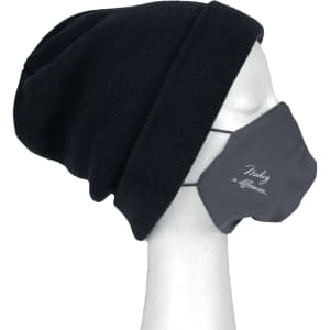 A black beanie paired with a grey face mask on a mannequin head. The mask has a logo.